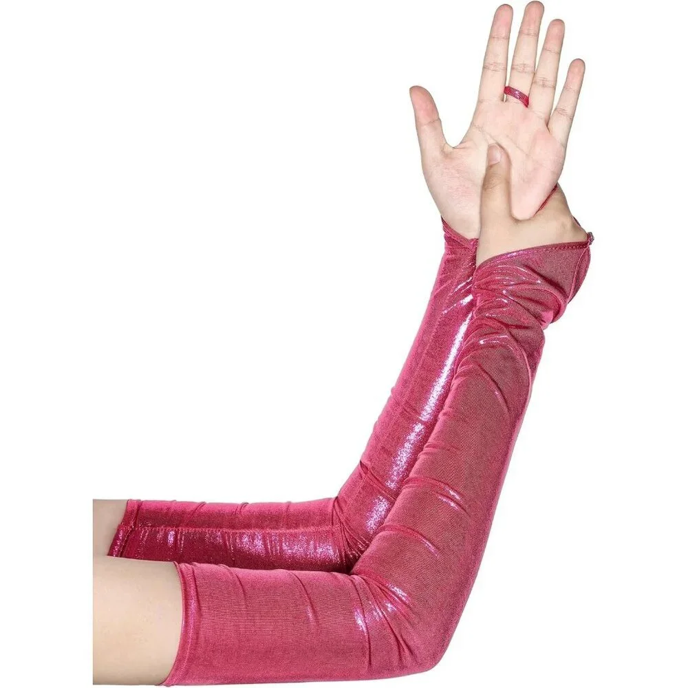 Women's Rose Shiny Elastic Satin Rave Fingerless Long Gloves Party Costume